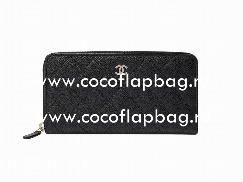 Chanel Caviar CC Logo Long Wallet Black Silver A49983