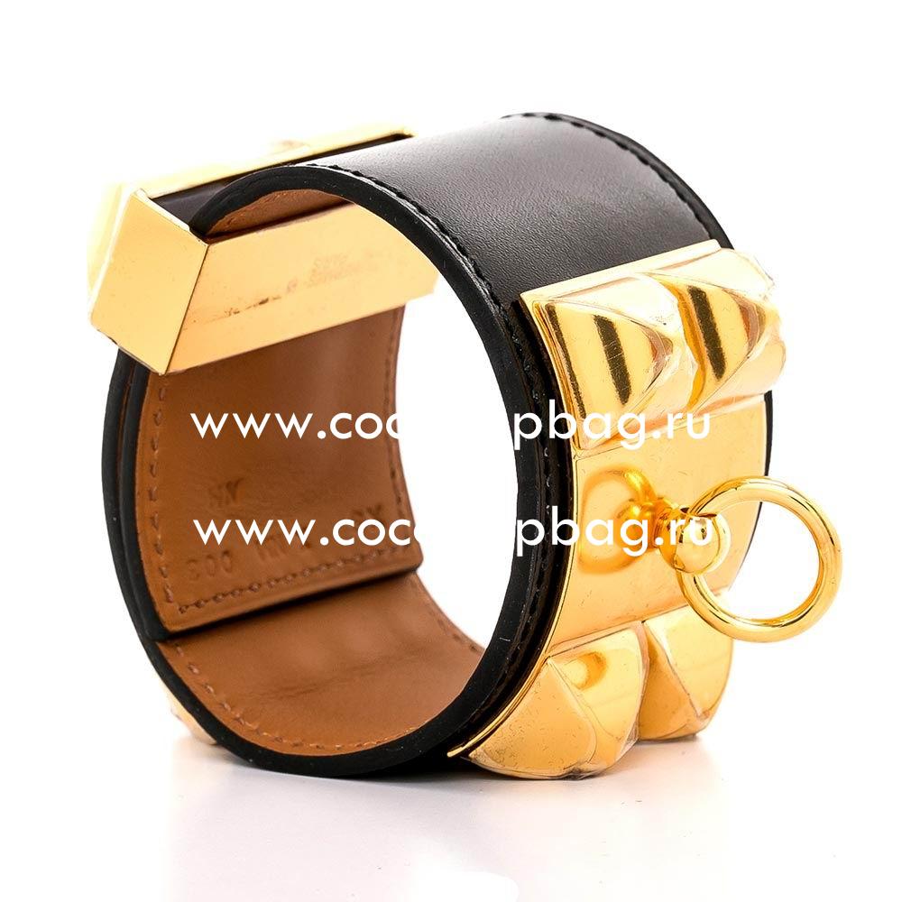 Hermes Collier de Chien Leather Alloy R-Bracelet Black/Gold H7021708