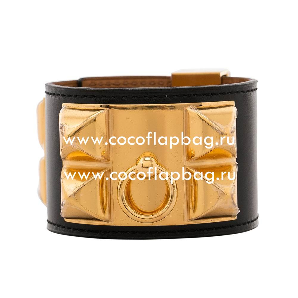 Hermes Collier de Chien Leather Alloy R-Bracelet Black/Gold H7021708