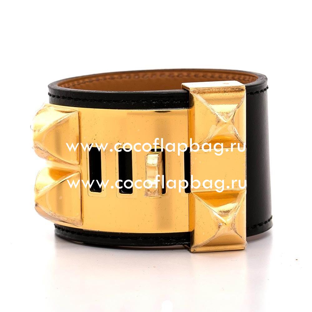 Hermes Collier de Chien Leather Alloy R-Bracelet Black/Gold H7021708
