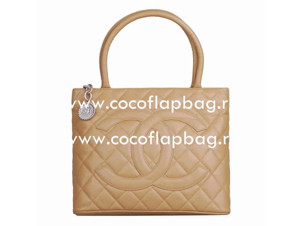 Chanel Caviar Medallion Bag Beige Silver Chain 01804A