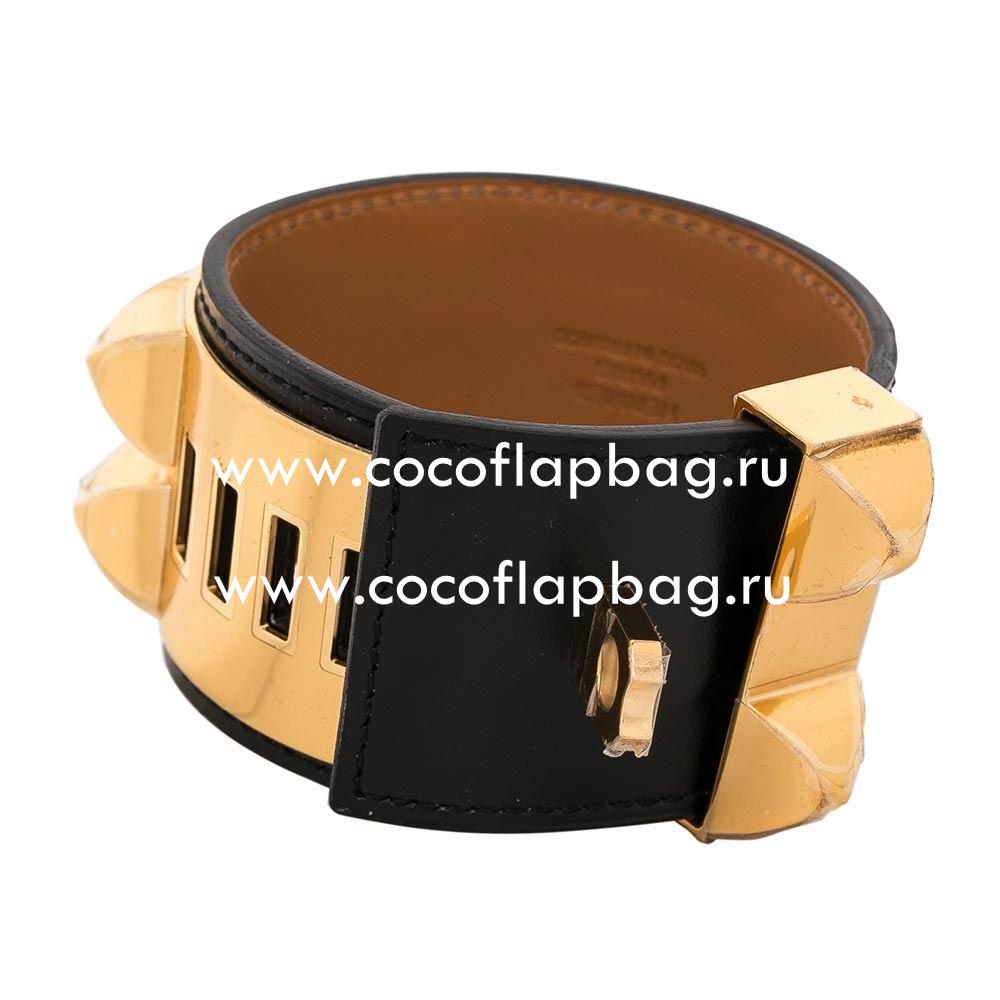 Hermes Collier de Chien Leather Alloy R-Bracelet Black/Gold H7021708
