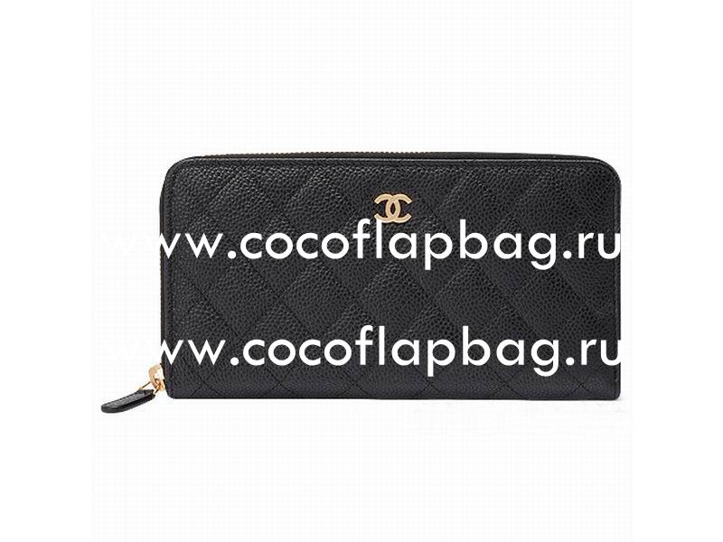 Chanel Caviar CC Logo Long Wallet Black Gold A49982