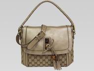 Gucci Weave Hand-fringed Fabric Kahki Gold Shouldbag G282301
