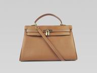 Hermes Kelly 35 Clemence Leather Gold Studs Light Coffee H220812