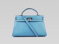 Hermes Kelly 35 Clemence Leather Silver Studs Light Blue H220815