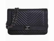 Chanel Lambskin Chevron Woc Bag Silver Chain Black A59586