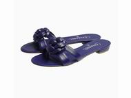 Chanel Classic Camellia Silver CC Lambskin Slipper Navy G30768