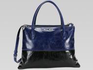 Miu Miu Two-tone Blue/ Black Glossed Leather Tote Bag RNB941BB