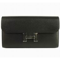 Hermes Kelly Epsom Leather Long Wallet Silvery Hardware Black H3569845