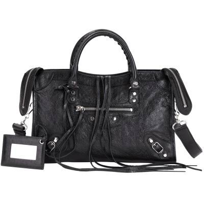 Balenciaga Giant City S Silvery Button Lambskin Motorcycle Bag Black B7010601