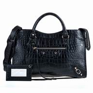 Balenciaga City Gold Button Calfskin crocodile print Motorcycle Bag Black B7051006