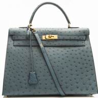 Hermes Kelly 35cm Blue Jean Ostrich Gold Hardware Handbag HK1035TNP