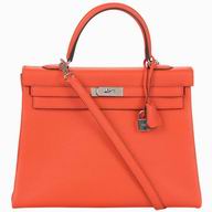 Hermes 35cm Poppy Orange Clemence Leather Kelly Bag Palladium Handbag HK1035CLK