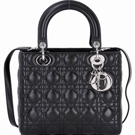 Christian Dior Lady Dior Lambskin Medium Bag Black Silver Hardware D6C8717