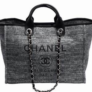 Chanel Tweed Canvas Deauville Shop Tote Bag Silver Chain A82C692
