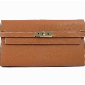 Hermes Epsom Cowhide Kelly Long Wallet Coffee Silver H537193