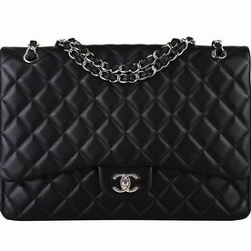 CHANEL Maxi Size Coco Flap Lambskin Bag Black Silver Chain A58601BLS