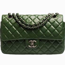 Chanel Lambskin Medium Flap Coco Bag Olive Green Anti-Silver Chain A1112L