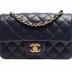 CHANEL Mini Classic Flap Gold Hardware Rhombic Caviar Calfskin Bag in Deep Blue A535968