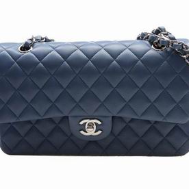 Chanel Lambskin Leather Medium Size Coco Flap Silver Chain Navy Blue A01112LNBLUESS