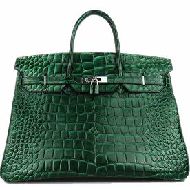 Hermes Birkin 40 Cowhide Leather Bag Blackish Green-Crocodile design(silver) H1044-E