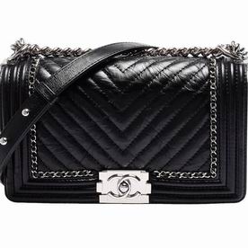 CHANEL Boy V Silvery Hardware Calfskin Bag in Black C7112904