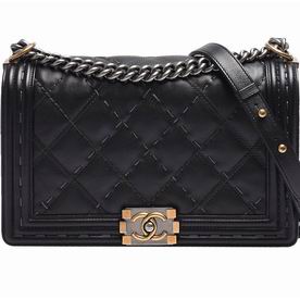 CHANEL Boy Double Color Hardware Rhombic Caviar Calfskin Boy Bag in Black A86B780