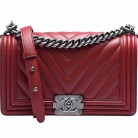 Chanel Lambskin Chevron Boy Bag Silver Wine Red A997764
