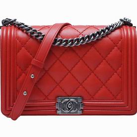 Chanel Lambskin Jumbo Boy Bag Silver Chain Bright Red A57589