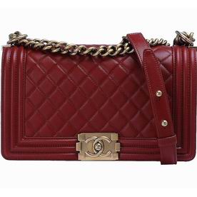 Chanel Lambskin Medium Boy Bag Gold Chain Dark Red A55492