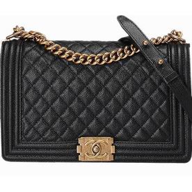 Chanel New Caviar Leather 28cm Boy Bag Black Gold A53654