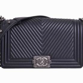 Chanel Calfskin Medium Boy Bag Weave Quilted Black Silver A92493