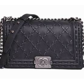 Chanel Calfskin Medium Boy Bag Stitching Black Silver A94773