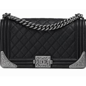 Chanel Medium Size Boy Calfskin Chain Shoulder Bag Black Silver A525410