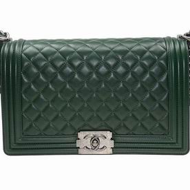 Chanel Deep Green Lambskin Leather 28cm Boy Bag Anti-silver Hardware A92193GRNS