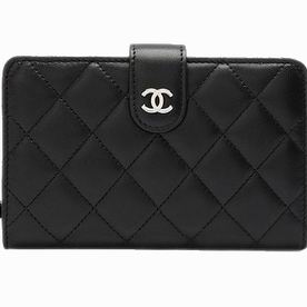 Chanel Lambskin Leather Silver Double CC Zipper Wallet Black A33112