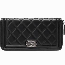 Chanel Boy Lambskin Antique-Silver Zipper Wallet Black A40038