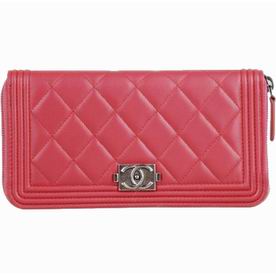 Chanel Boy Lambskin Antique-Silver Zipper Wallet Peach-Red A40037