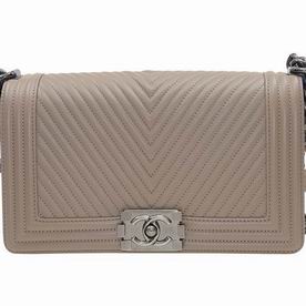 Chanel Calfskin Medium Boy Bag Weave Quilted Apricot Anti-Silver A92493BESS