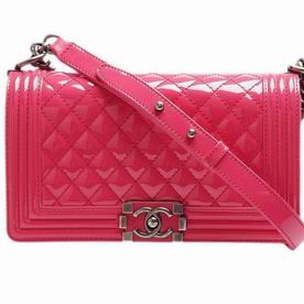 Chanel Patent Two-Tone Silver Chain 25cm Boy Bag Hot Pink A57801