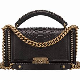 Chanel Python skin Medium Boy Bag Top Handle Cuprum Chain Bag Black CH73667