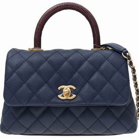 Chanel Coco Handle Caviar/Lizard Anti-Gold Chain Trapezoid Shoudbag Navy Blue A92990CBLUELI