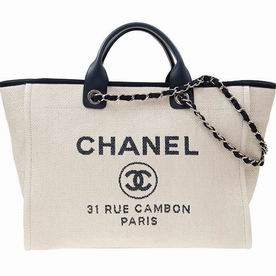 Chanel Canvas Calfskin Deauville Shop Tote Silver Chain Bag A66941CLWB