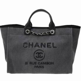 Chanel Canvas Deauville Shop Tote Silver Chain Bag Dark Grey A66941GREYSE