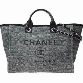 Chanel Deauville Double CC LOGO Tweed Canvas Shop Tote Silver Chain A66941DGREY