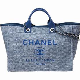 Chanel Tweed Canvas Deauville Shop Tote Bag Silver Chain A66941CTDBLUE