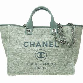 Chanel Tweed Canvas Deauville Shop Tote Silver Chain Green A66941TDGREEN