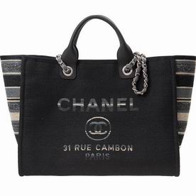 Chanel Canvas Deauville Shop Tote Bag Silver Chain Black A66941CLLKBE