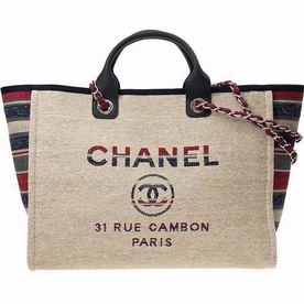 Chanel Canvas Deauville Shop Tote Bag Silver Chain Biege/Red A66941BERED